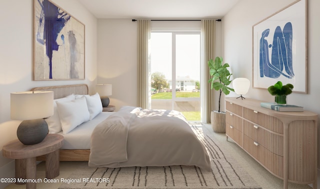 bedroom featuring light carpet