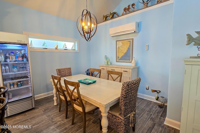 dining room with a wall unit AC and a notable chandelier