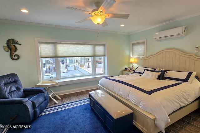 bedroom with ceiling fan, an AC wall unit, dark wood-type flooring, and ornamental molding