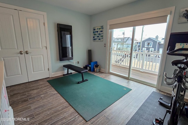 workout room featuring hardwood / wood-style floors