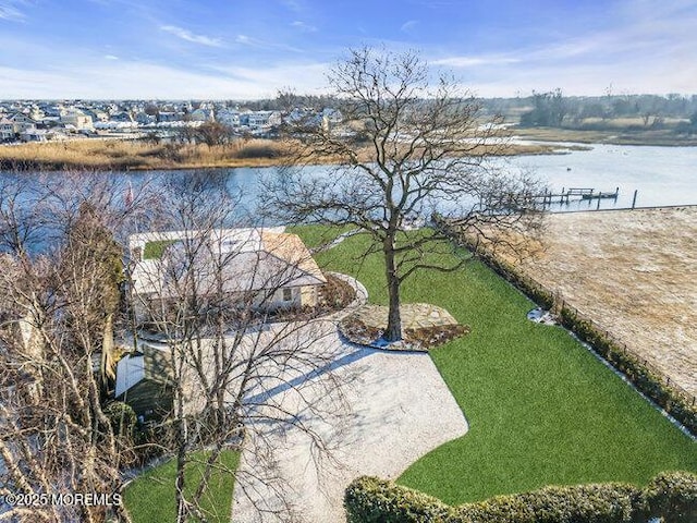 drone / aerial view featuring a water view