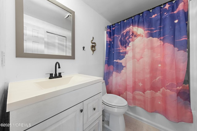 full bathroom with toilet, vanity, tile patterned floors, and shower / bath combo with shower curtain