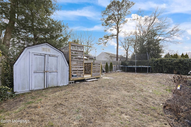 view of yard featuring a shed and a trampoline