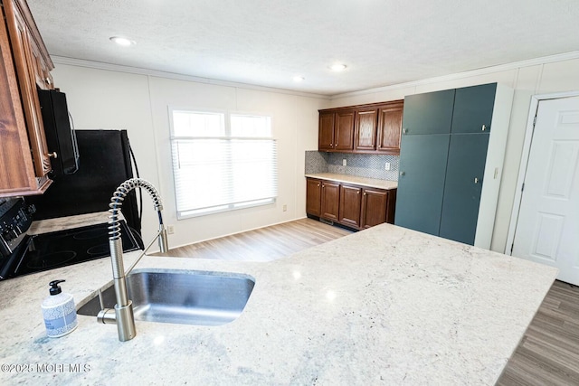 kitchen with light hardwood / wood-style floors, range with electric cooktop, crown molding, light stone counters, and sink