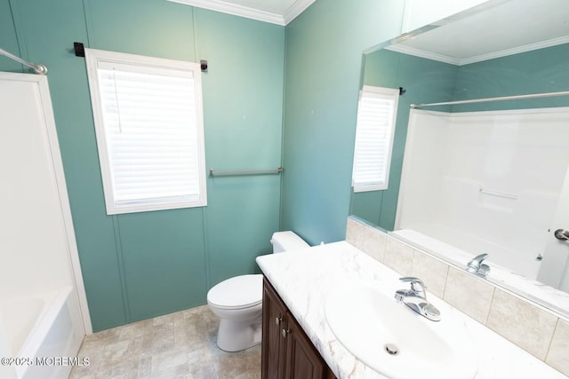 full bathroom with toilet,  shower combination, ornamental molding, and vanity