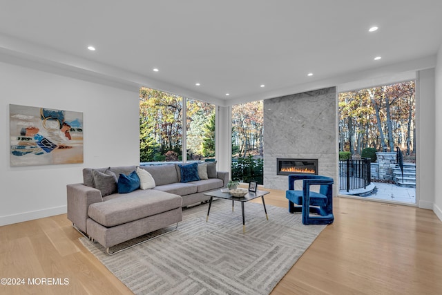 living room featuring a tile fireplace and light wood-type flooring