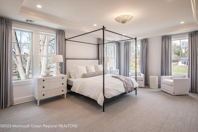 bedroom with ornamental molding, carpet floors, and a tray ceiling