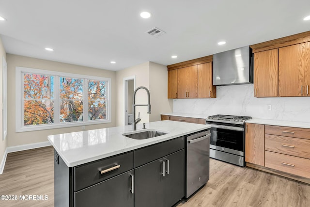 kitchen with stainless steel appliances, an island with sink, light stone counters, sink, and wall chimney range hood