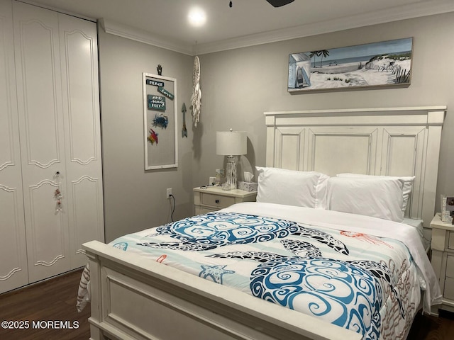 bedroom featuring ornamental molding, ceiling fan, a closet, and dark hardwood / wood-style floors