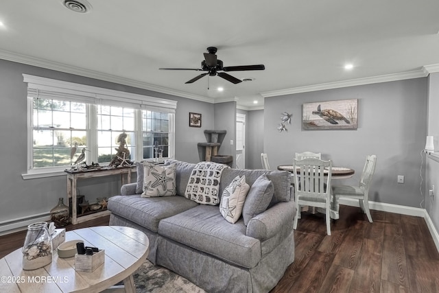 living room featuring ornamental molding, ceiling fan, and dark hardwood / wood-style flooring