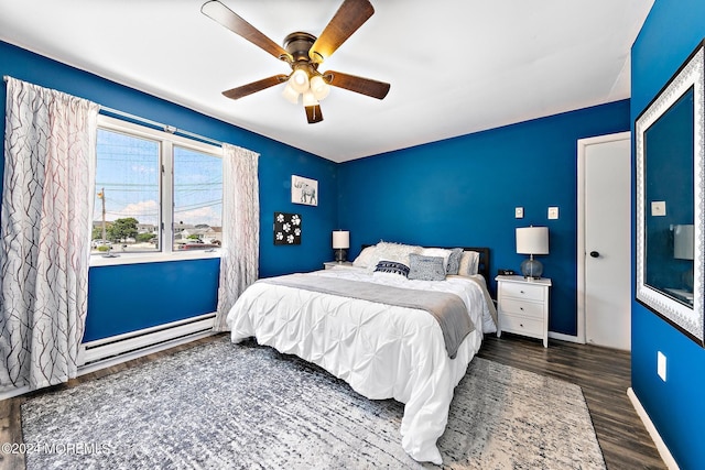 bedroom featuring ceiling fan, a baseboard radiator, and dark hardwood / wood-style floors