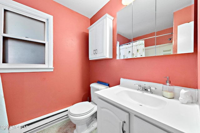 bathroom featuring toilet, a baseboard heating unit, curtained shower, and vanity