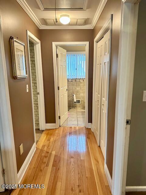 hall featuring light wood-type flooring and ornamental molding