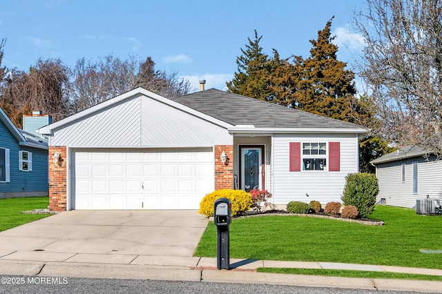 view of front facade with central AC, a front lawn, and a garage