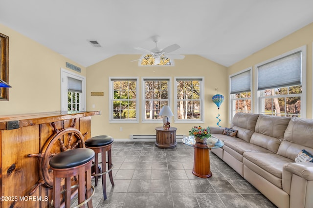 living room featuring a baseboard radiator, ceiling fan, vaulted ceiling, and dark tile patterned flooring