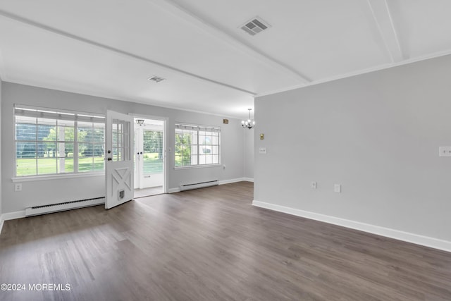 empty room featuring beam ceiling, baseboard heating, dark hardwood / wood-style flooring, and a chandelier