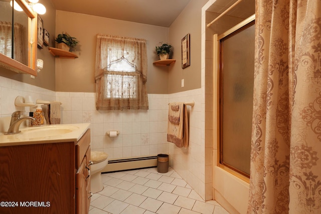 full bathroom with tile walls, baseboard heating, tile patterned floors, and toilet