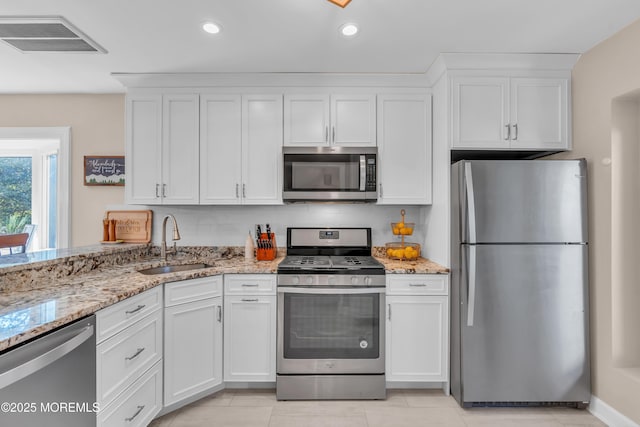 kitchen featuring light stone counters, sink, white cabinets, and stainless steel appliances