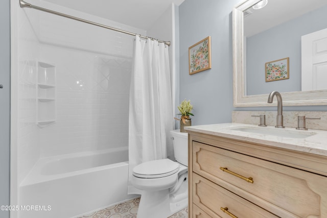 full bathroom with toilet, vanity, and shower / tub combo with curtain