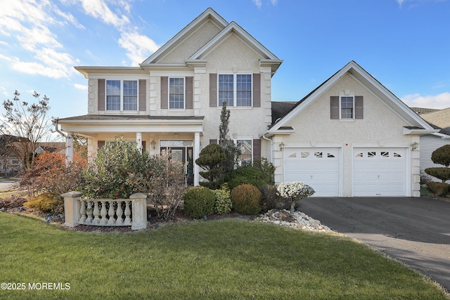 view of front of property featuring a front yard and a garage