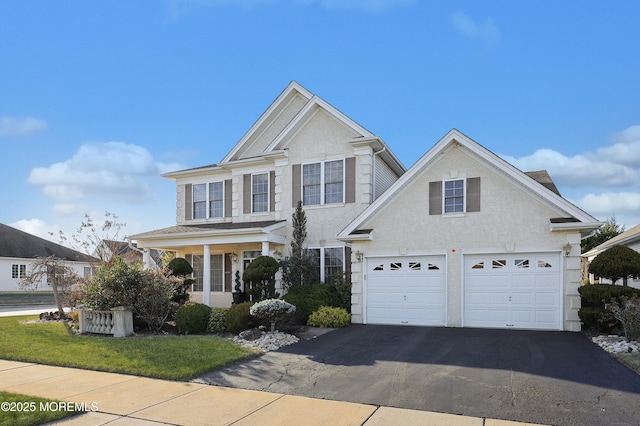 view of front of home with a front yard and a garage