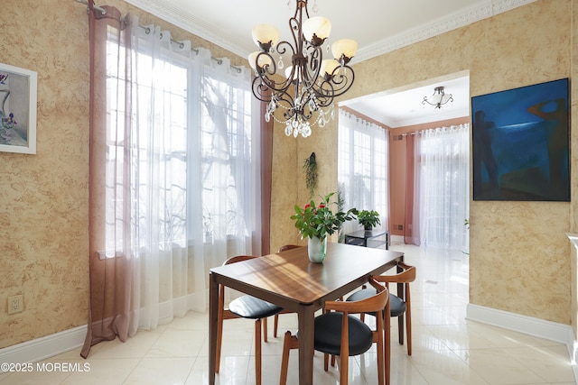 dining room with light tile patterned floors, crown molding, and a chandelier