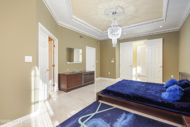 tiled bedroom with an inviting chandelier, crown molding, and a raised ceiling