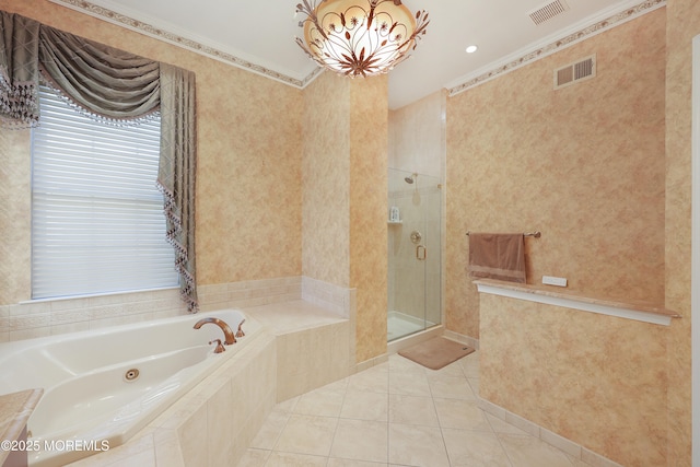 bathroom featuring plus walk in shower, crown molding, tile patterned floors, and a notable chandelier