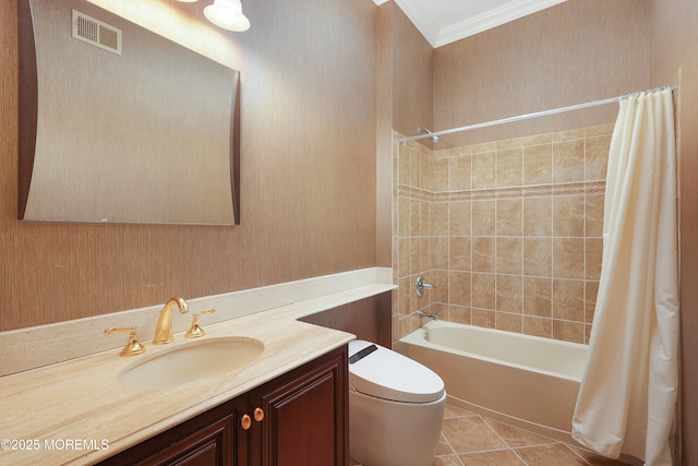 full bathroom featuring toilet, vanity, tile patterned flooring, shower / bathtub combination with curtain, and crown molding