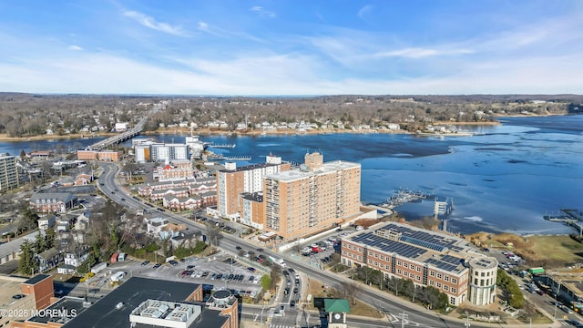 drone / aerial view featuring a water view