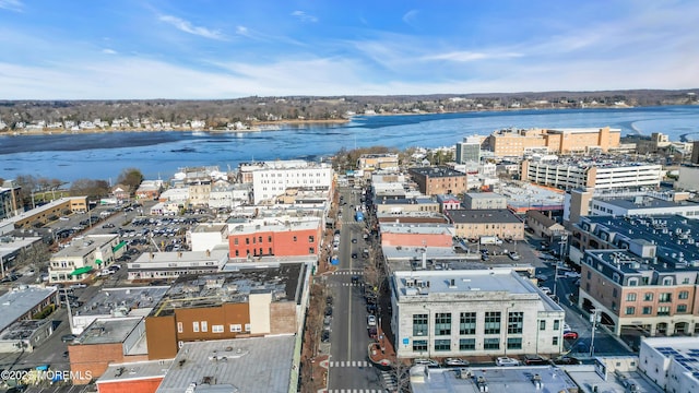 drone / aerial view with a water view