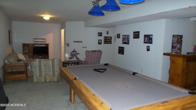 rec room featuring light colored carpet and billiards