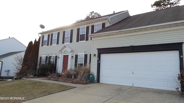 colonial inspired home with central air condition unit and a garage