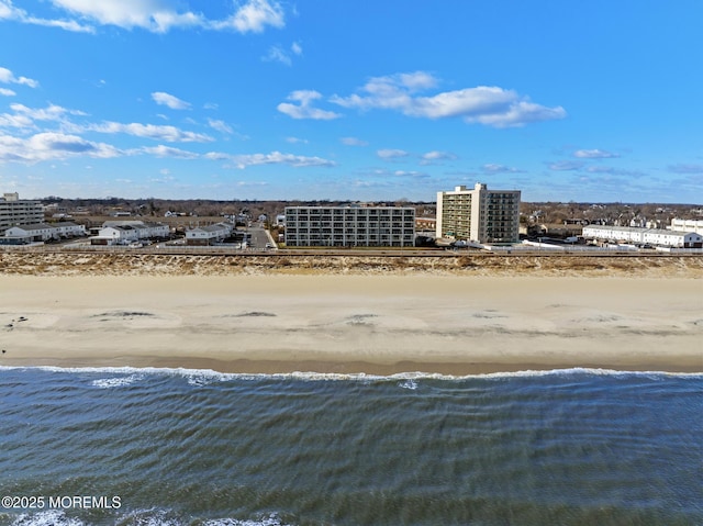 bird's eye view with a water view and a view of the beach