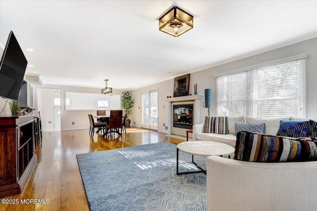 living area with light wood-style floors, baseboards, ornamental molding, and a glass covered fireplace