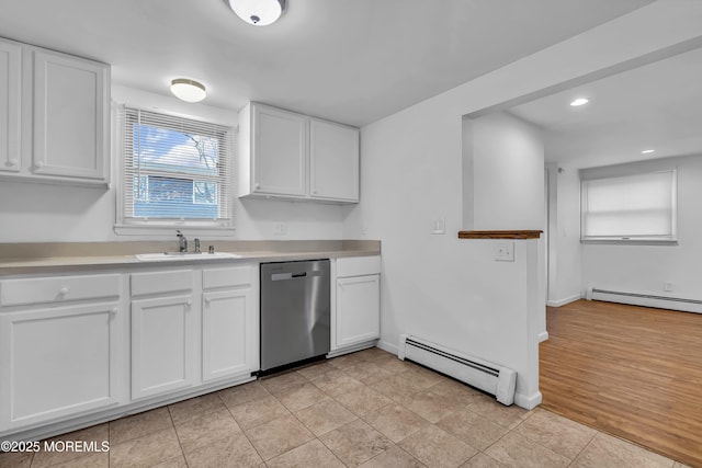 kitchen with dishwasher, white cabinetry, and a baseboard radiator