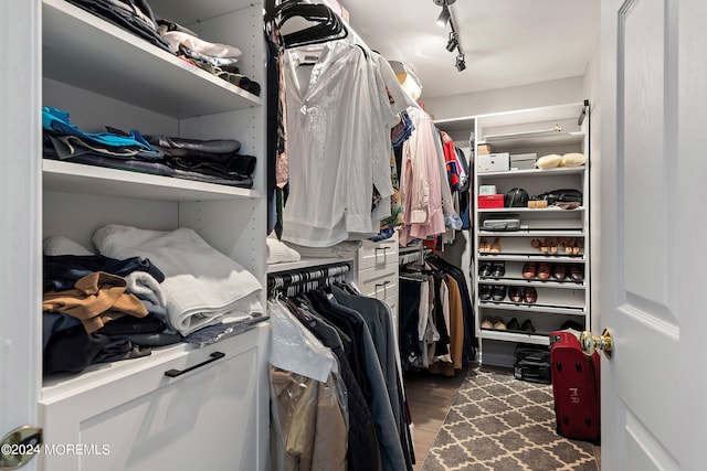 spacious closet with dark hardwood / wood-style floors