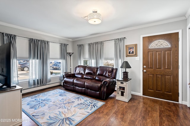 living room featuring dark wood-type flooring, baseboard heating, and crown molding