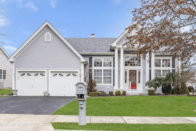 view of front of house with a garage and a front lawn