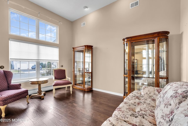 living area featuring dark wood-type flooring, a high ceiling, and a baseboard radiator