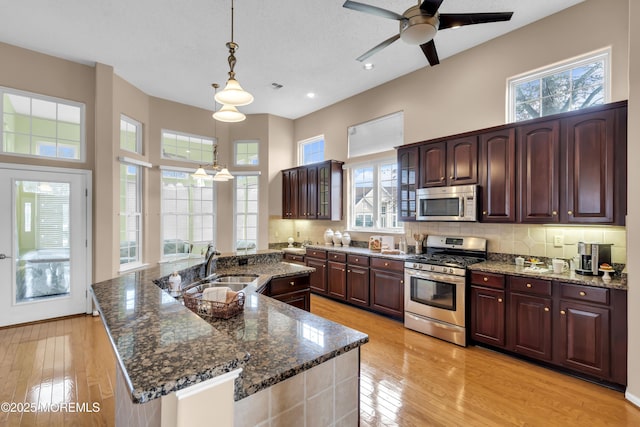 kitchen with decorative light fixtures, sink, decorative backsplash, and stainless steel appliances