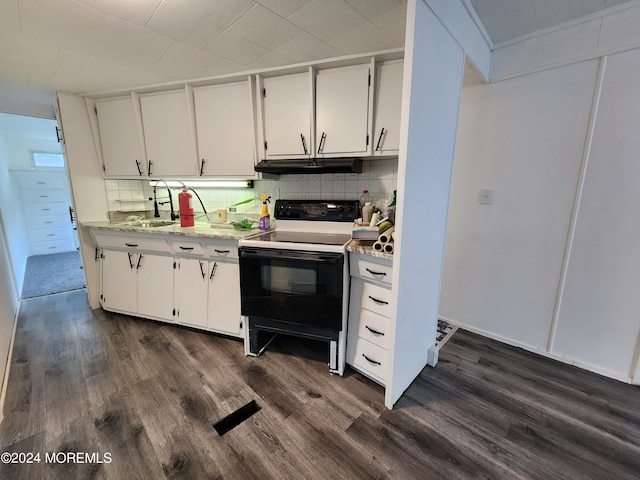 kitchen with range with electric stovetop, dark hardwood / wood-style flooring, and white cabinetry