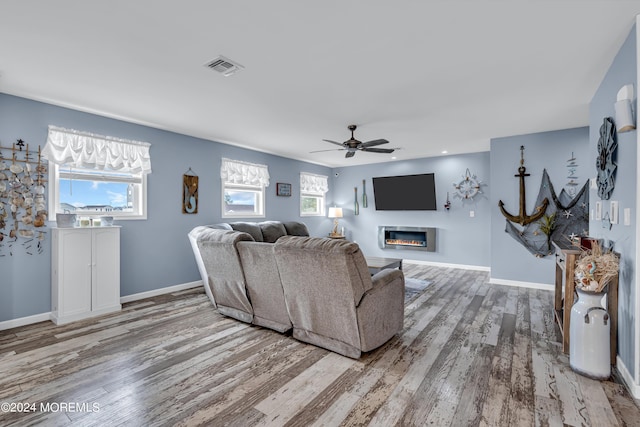 living room featuring ceiling fan and wood-type flooring