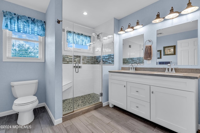 bathroom featuring an enclosed shower, vanity, and toilet