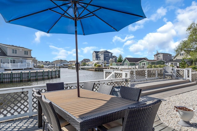 wooden deck featuring a water view