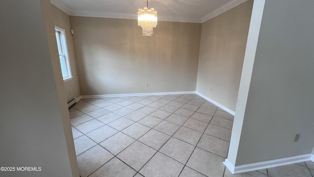 tiled empty room with a baseboard radiator, ornamental molding, and a notable chandelier