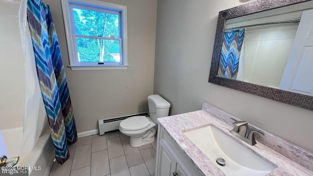 full bathroom with a baseboard radiator, tile patterned floors, vanity, toilet, and shower / bath combo with shower curtain