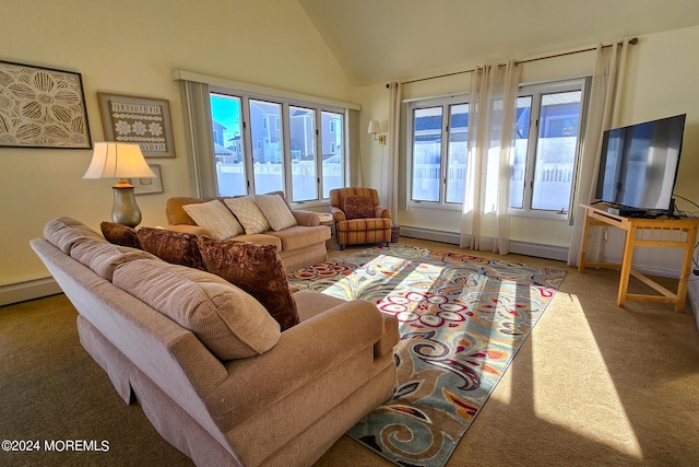 living room featuring high vaulted ceiling, a baseboard heating unit, and carpet flooring