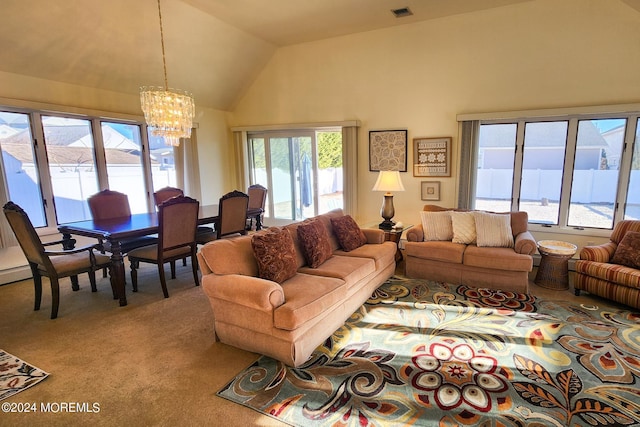 living room with vaulted ceiling, an inviting chandelier, and carpet flooring