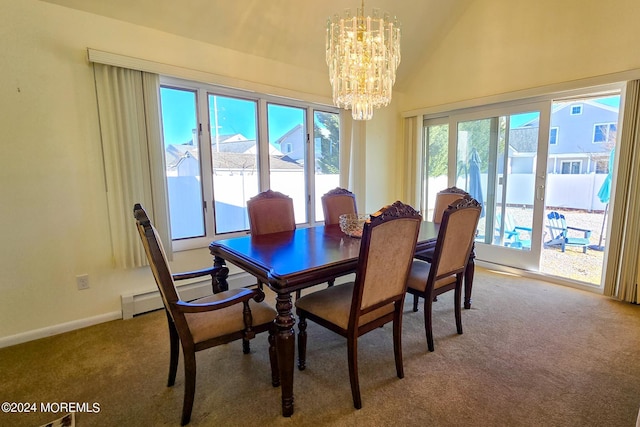 dining space featuring an inviting chandelier, a wealth of natural light, and carpet flooring